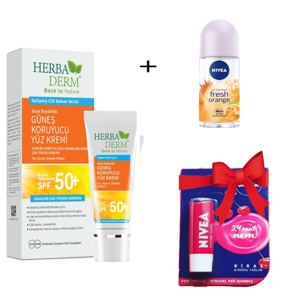 Herbaderm Suya Dayanıklı Güneş Kremi 50 Faktör+ Nıvea Fresh Orange Kadın Roll On Deodorant +Nivea Dudak Bakım Stıck