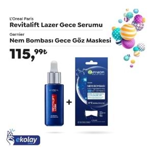 Loreal Paris Revitalift Lazer Saf Retinol Gece Serumu 30 ml & Garnier Nem Bombası Gece Kağıt Yüz Maskesi