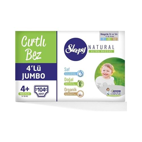 Sleepy Natural Bebek Bezi 4lü Jumbo 4+ Beden 9-16 kg 104 Adet