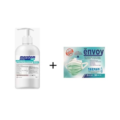 Tarman 3 Katlı, Telli , Elastik Kulaklı Cerrahi Maske + Maratem M904 Alkol Bazlı Sıvı El Dezenfektanı 1 lt