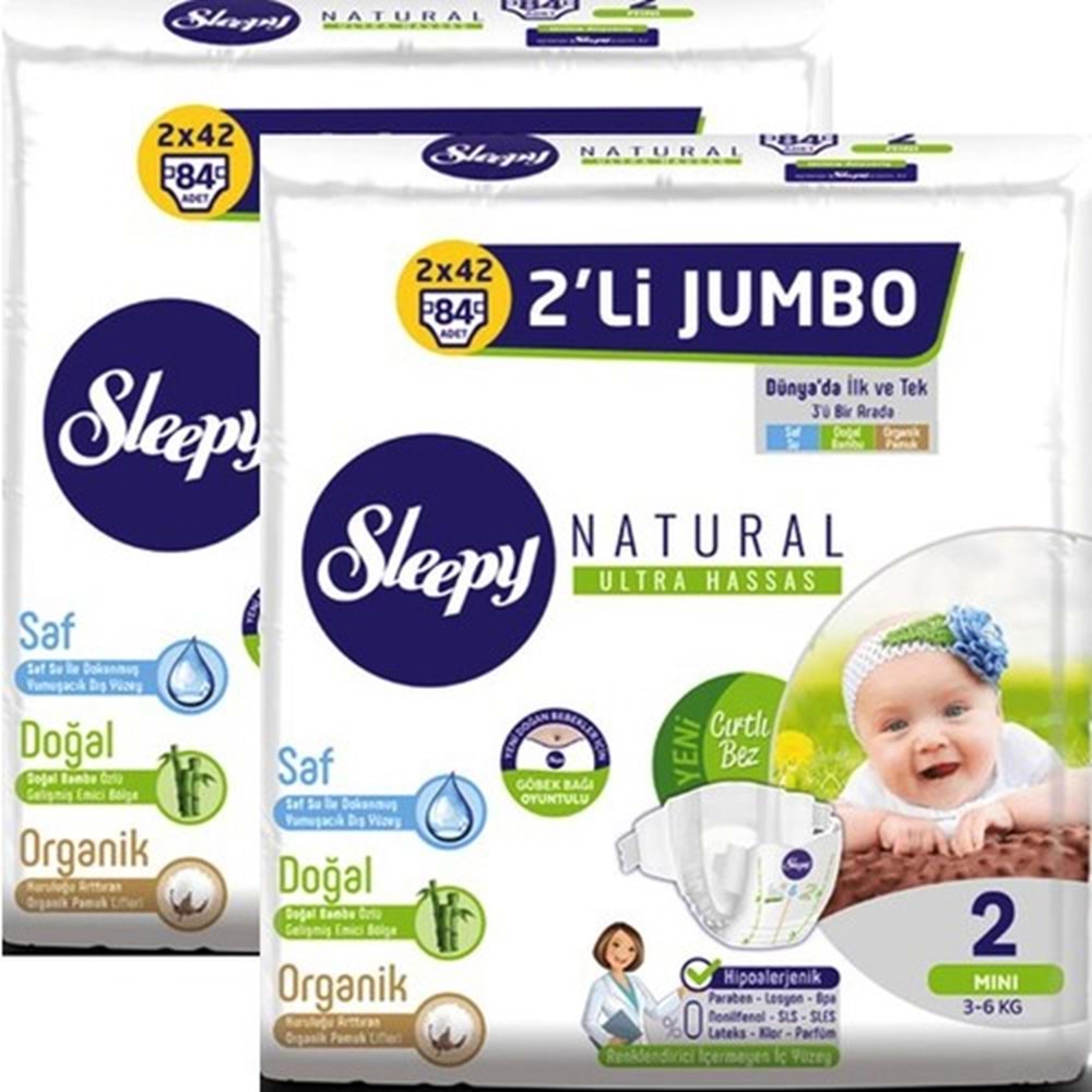 Sleepy Natural Bebek Bezi 2'li Jumbo 2 Beden 3-6 kg 84 Adet x 2 Paket