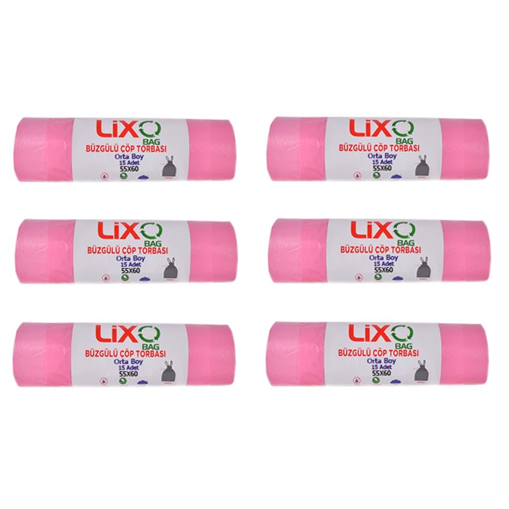 Lixo Bag Çöp Torbası Büzgülü Orta Boy 55x60 Cm (Pembe) 15li (25 Paket)