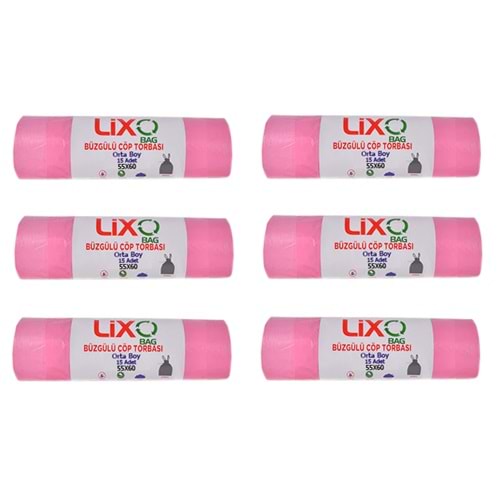 Lixo Bag Çöp Torbası Büzgülü Orta Boy 55x60 Cm (Pembe) 15li (25 Paket)