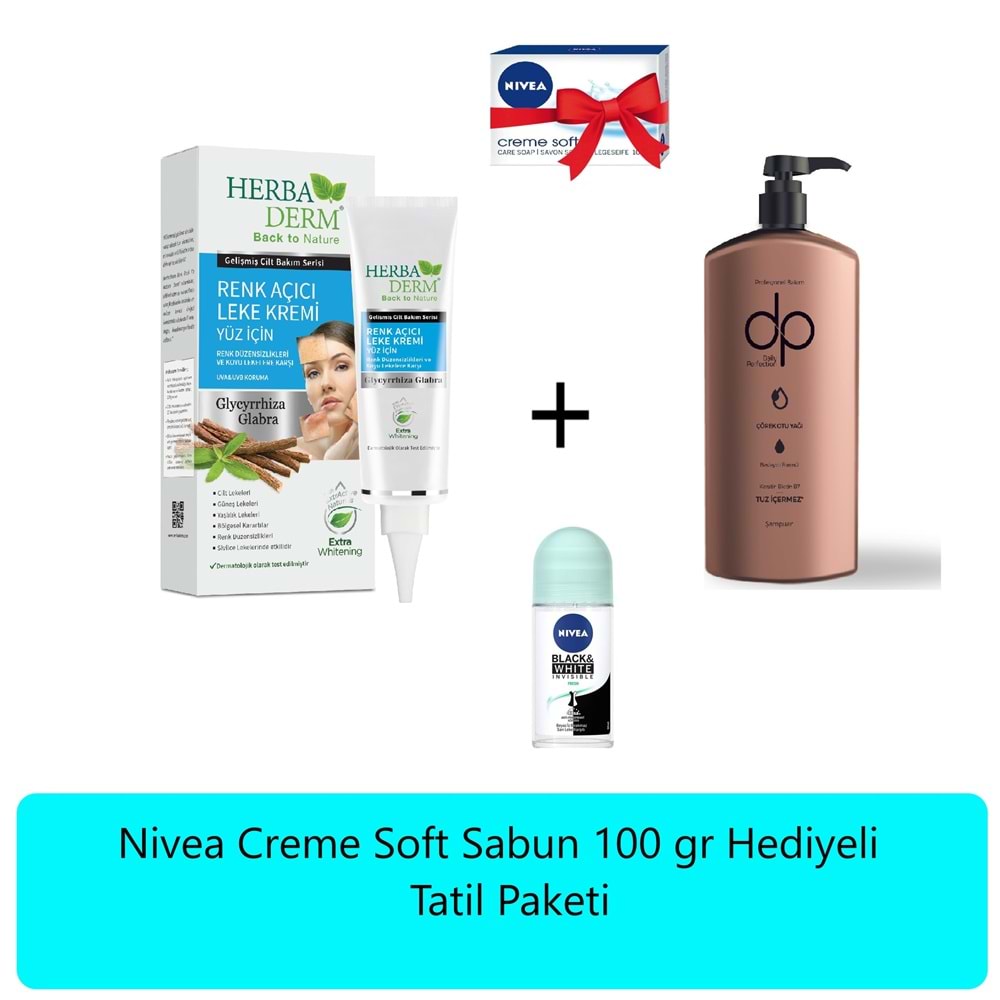 Nivea İnvisible Black&Whıte Fresh Roll-On Deodorant+Herbaderm Yüz Beyazlaştırıcı Krem + Dp Daily Perfection Çörekotu Tuzsuz Şampuan + Nivea Creme Soft Sabun 100 gr hediyeli